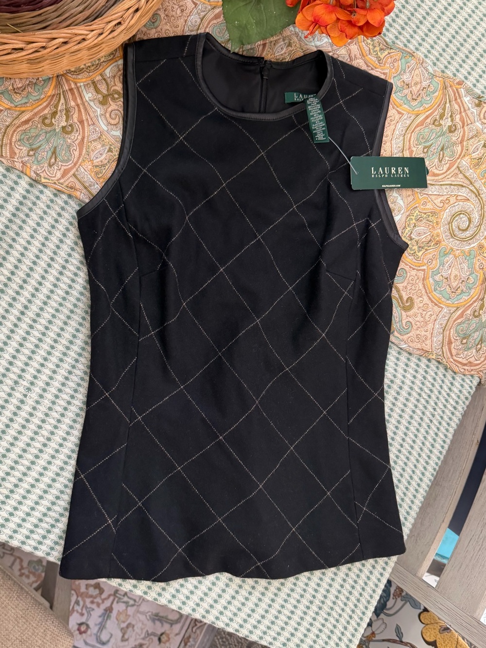 New Lauren Ralph Lauren Wool Plaid Leather Trim Sleeveless Blouse Women’s Sz 2